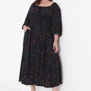 Lane Bryant Square Neck Midi Dress 12 Blouson Sleeve Floral Dark Romantic Goth